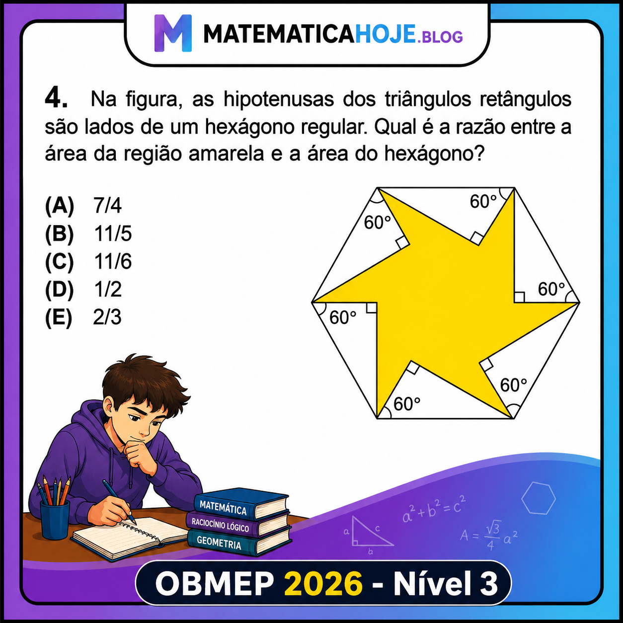 OBMEP 2026 Nível 3 Questão 4 - Região amarela em hexágono regular